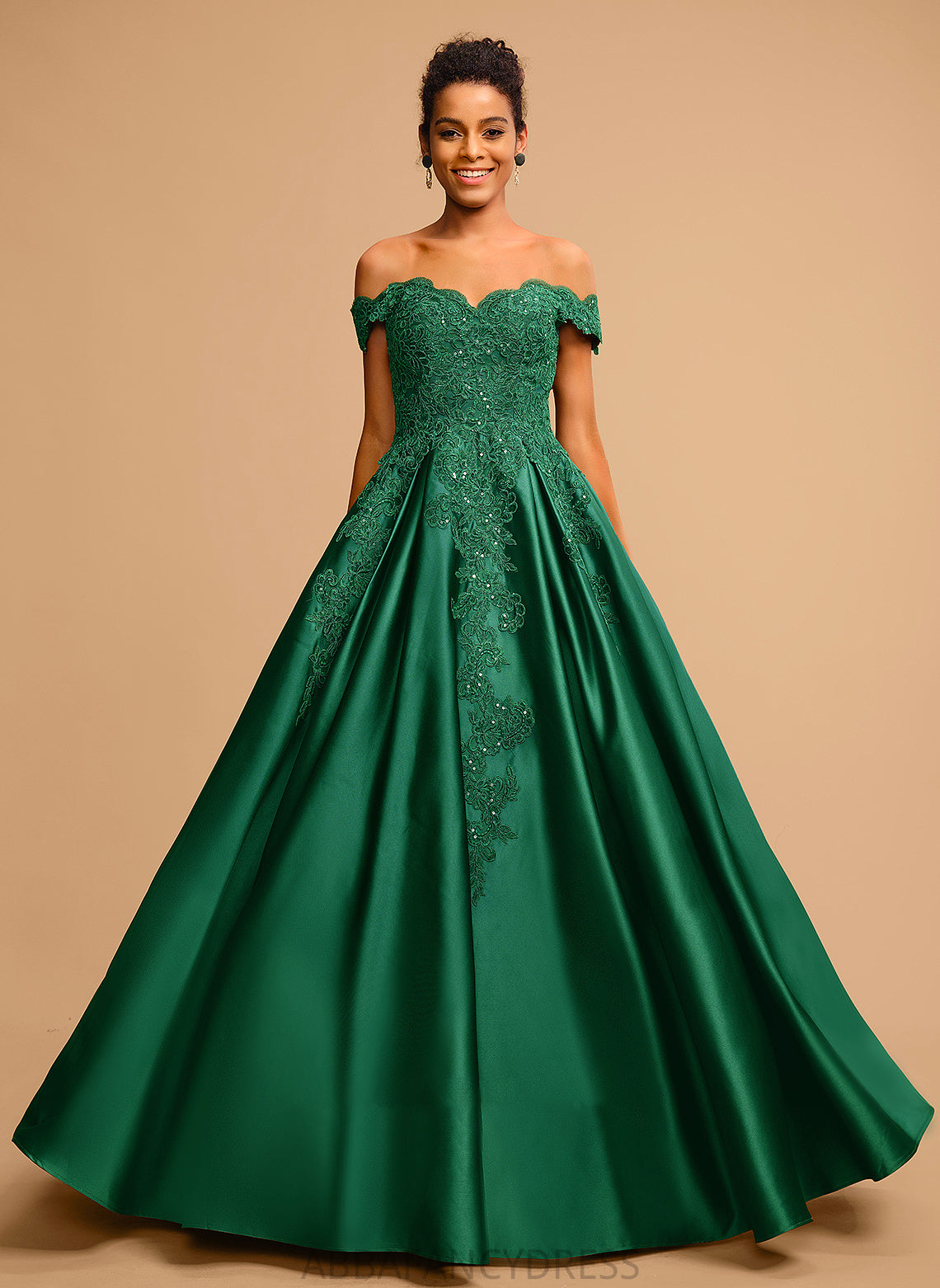 Prom Dresses Floor-Length Satin Off-the-Shoulder Ball-Gown/Princess With Kamryn Sequins