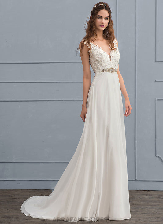 Hazel Chiffon Beading Wedding Dresses Court Wedding A-Line Lace Sequins Dress Train V-neck With