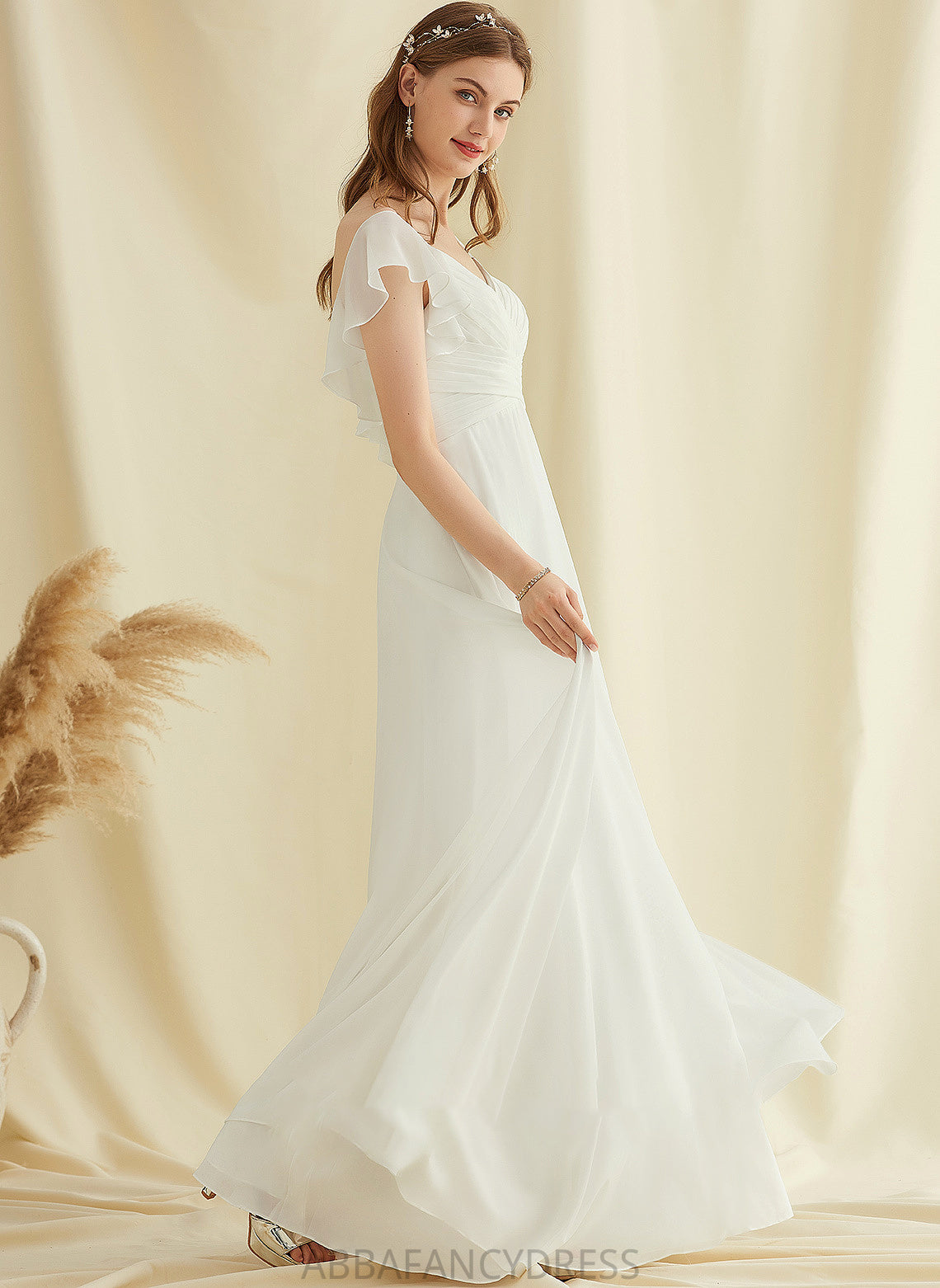 Floor-Length V-neck Wedding Dresses Ruffle Dress With Marlene Chiffon Wedding A-Line