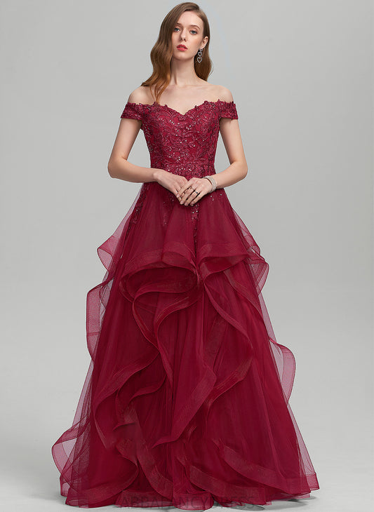 Aniyah Tulle Floor-Length Off-the-Shoulder With Ball-Gown/Princess Prom Dresses Sequins