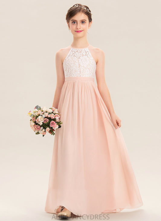 Chiffon Lace Junior Bridesmaid Dresses A-Line Neck Janessa Floor-Length Scoop