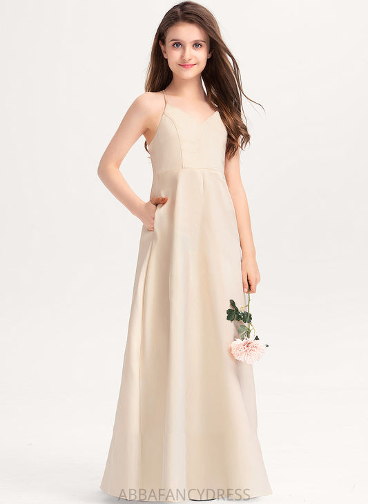 V-neck Junior Bridesmaid Dresses Satin Pockets Kassidy With Floor-Length A-Line