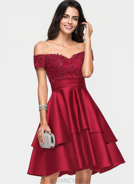 Knee-Length Homecoming Sequins Maria Satin Off-the-Shoulder Homecoming Dresses With Lace Dress A-Line