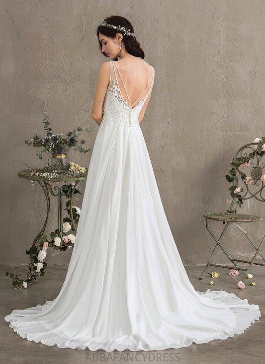 Wedding Dresses Front Sequins Lace Beading Sweep A-Line Train With Split Chiffon V-neck Wedding Dress Tabitha