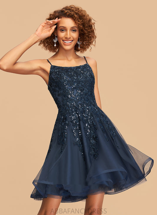 Beading Homecoming Short/Mini Neckline Homecoming Dresses Gertie Square Tulle Lace A-Line Sequins Dress With