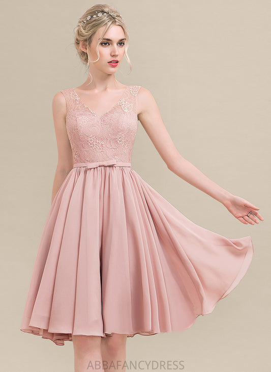 A-Line Lace Lace Knee-Length With Dress Bow(s) Homecoming Homecoming Dresses Chiffon Maia V-neck