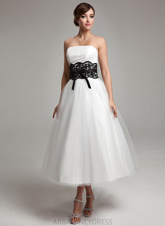 Bow(s) With Lace Ball-Gown/Princess Tulle Tea-Length Dress Wedding Dresses Sash Wedding Kenley Strapless Beading