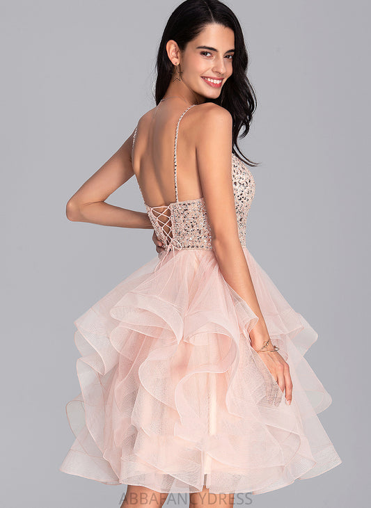 Knee-Length Sophia Homecoming Dresses Ball-Gown/Princess Beading Sequins Dress V-neck With Homecoming Tulle