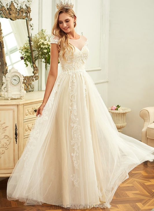 Tulle Wedding Dresses Scoop Wedding With Ruffle Lace Neck Dress Averi Lace A-Line Train Sweep