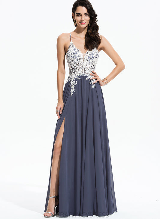 Floor-Length Split Sequins Chiffon Rebecca With Prom Dresses Front Beading A-Line Lace