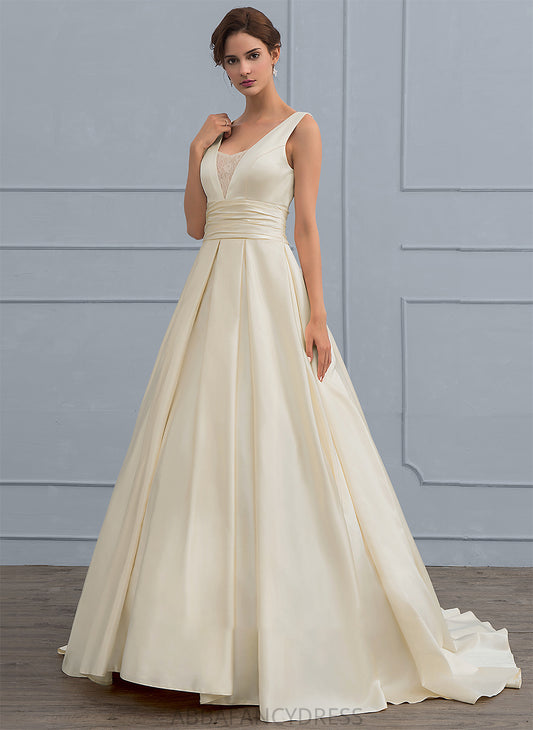 V-neck Blanche With Satin Train Wedding Wedding Dresses Dress Sweep Ball-Gown/Princess Lace