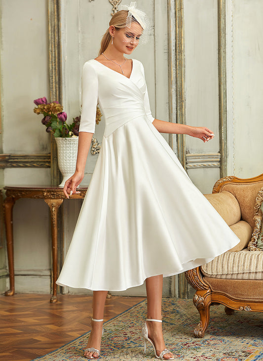 Wedding Dresses A-Line V-neck Dayana Tea-Length Dress Satin Wedding