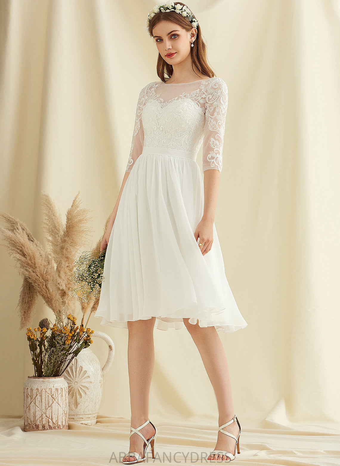 Lace Scoop Knee-Length Neck A-Line Chiffon Sequins Wedding With Dress Wedding Dresses Ida