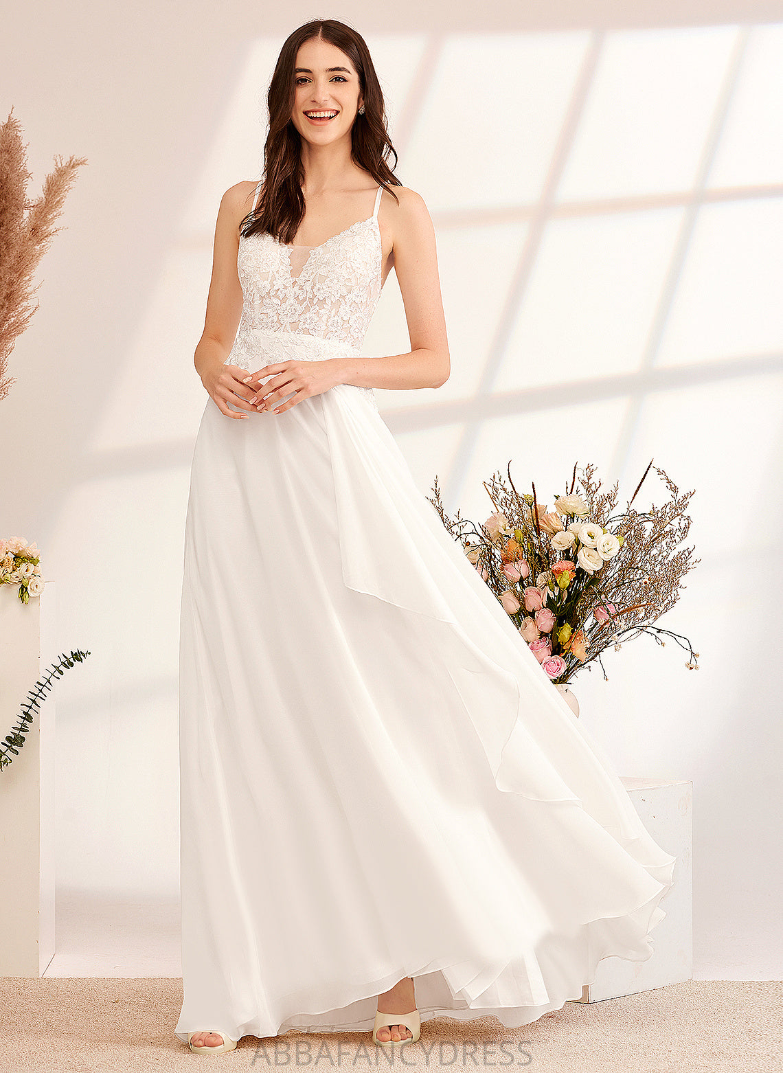 Adelyn Wedding Dress V-neck Lace Wedding Dresses Sequins Floor-Length With A-Line Chiffon