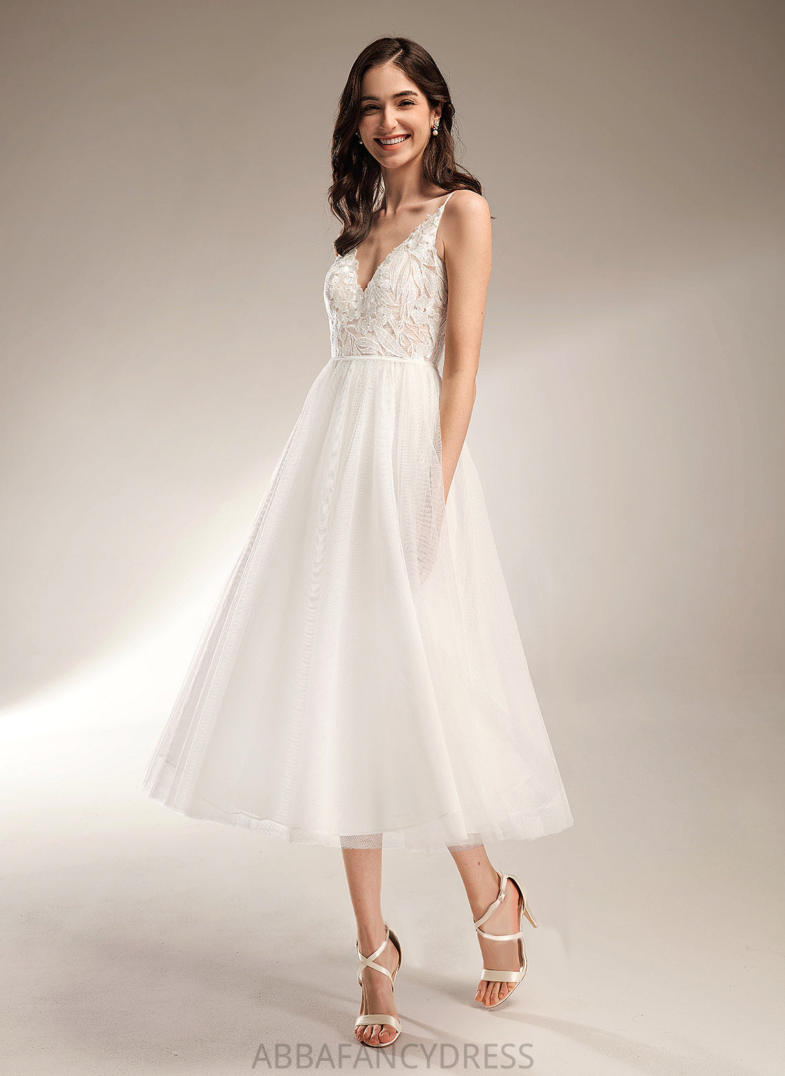 Lace A-Line Dress Tulle Tea-Length V-neck Kaylie Wedding Dresses Wedding