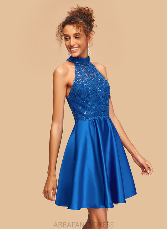 Satin Short/Mini Sequins Homecoming Dresses Harper Lace High Dress Neck Homecoming A-Line With