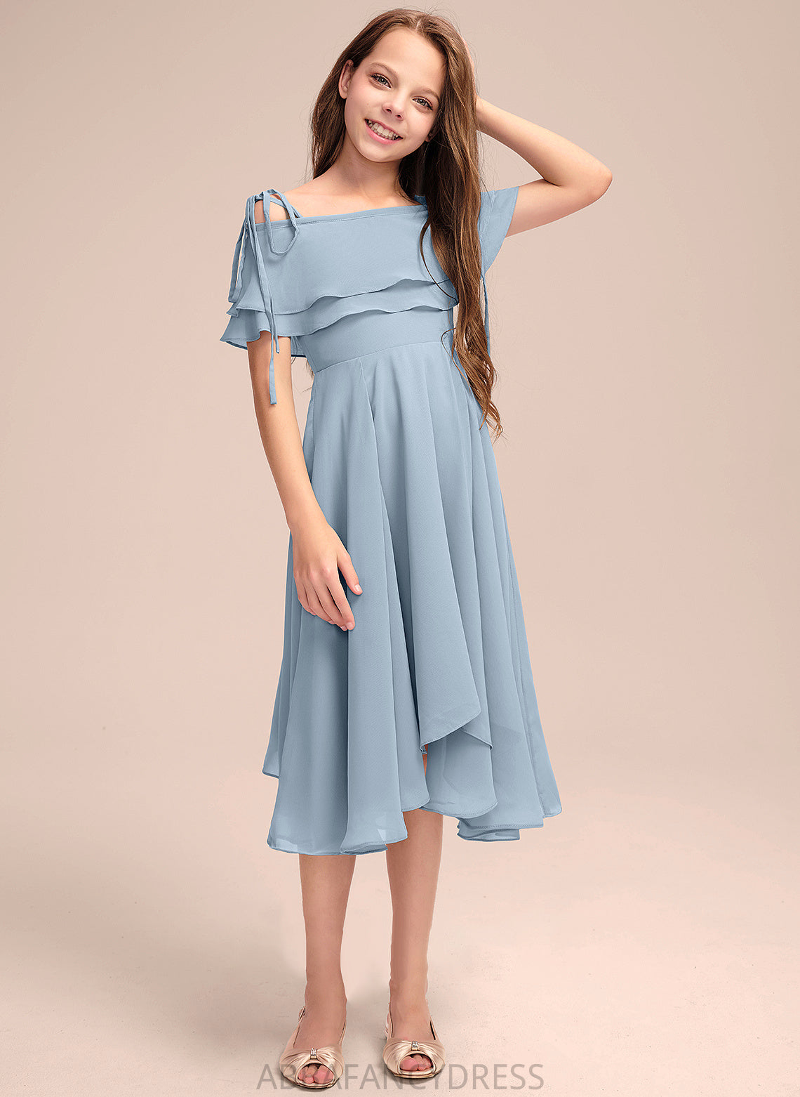 Asymmetrical Off-the-Shoulder A-Line With Junior Bridesmaid Dresses Chiffon Ruffles Cascading Priscilla