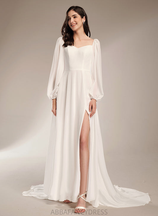 Chiffon Split Wedding Dress Train Chapel Front A-Line Wedding Dresses With V-neck Beryl