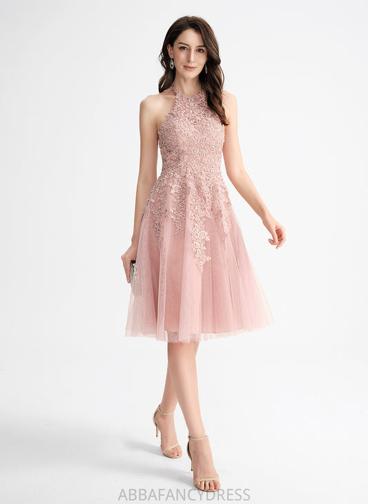 Lace Dress Neck Homecoming Scoop Tulle Cindy Homecoming Dresses With A-Line Knee-Length