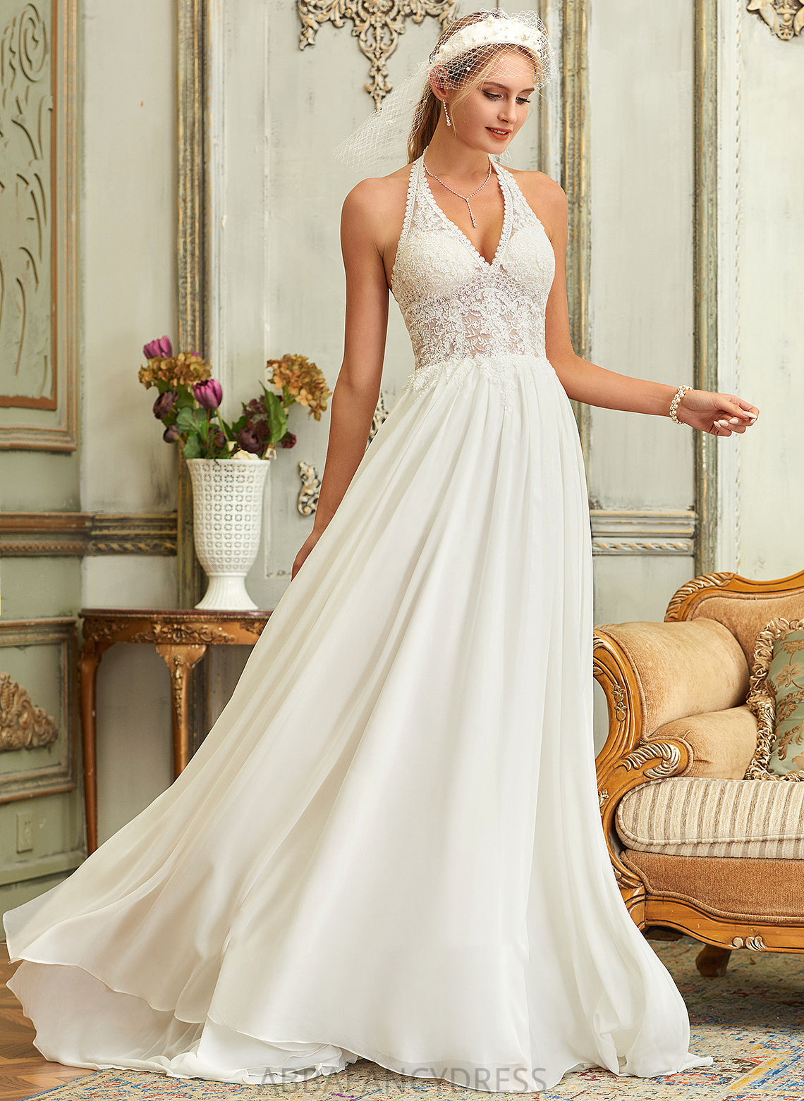 Chiffon Sweep Lace Dress Halter Wedding Dresses Train Wedding Neveah A-Line