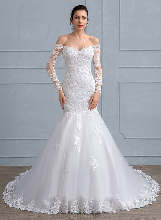 With Off-the-Shoulder Train Dress Selah Beading Lace Trumpet/Mermaid Court Wedding Wedding Dresses Tulle Sequins