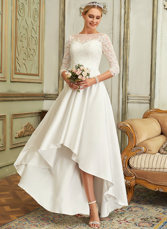 Neck Satin Lia Wedding Lace Wedding Dresses Scoop Asymmetrical A-Line Dress