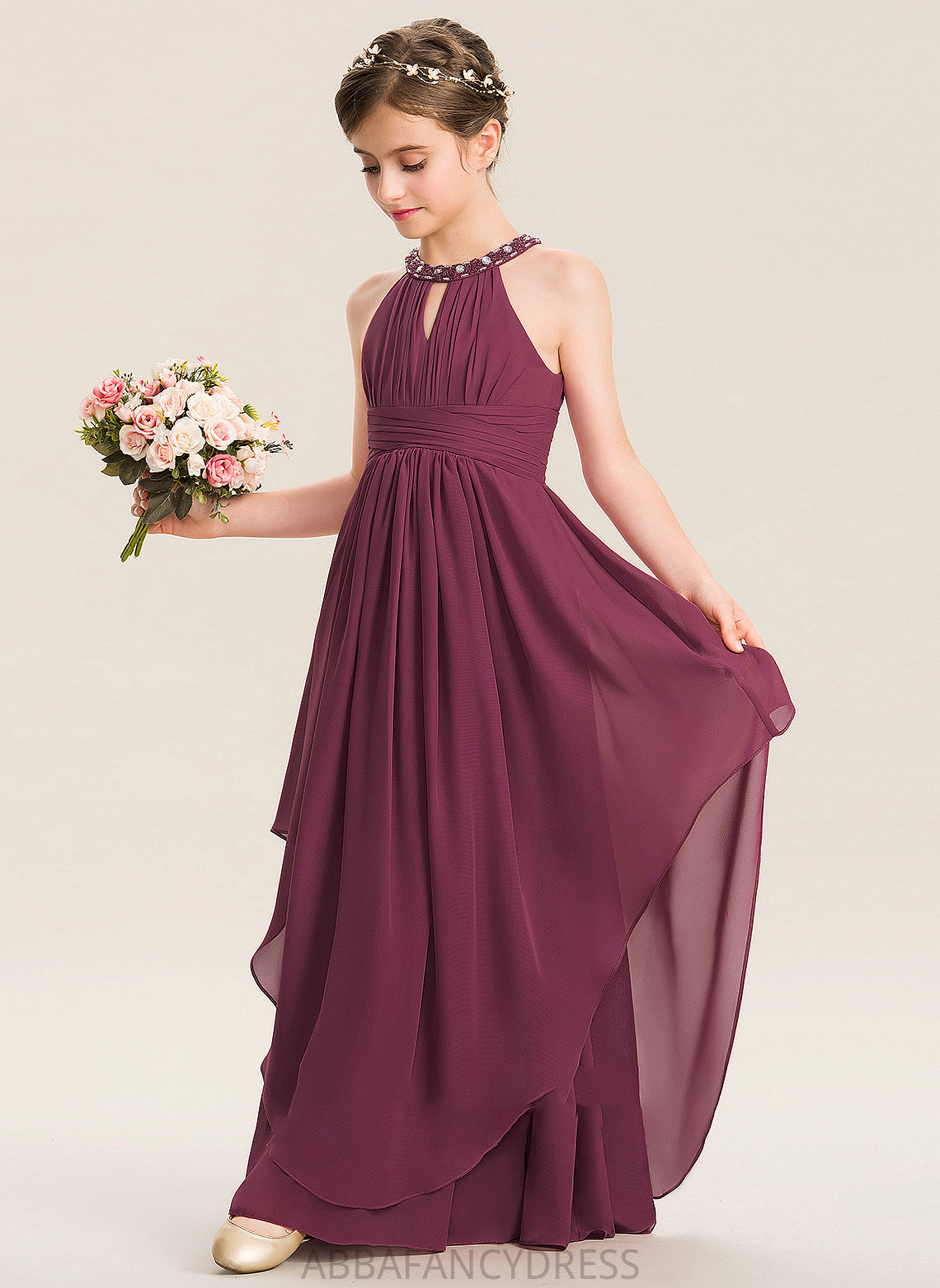 Floor-Length Junior Bridesmaid Dresses With Chiffon Neck Destiney Ruffle Beading A-Line Scoop