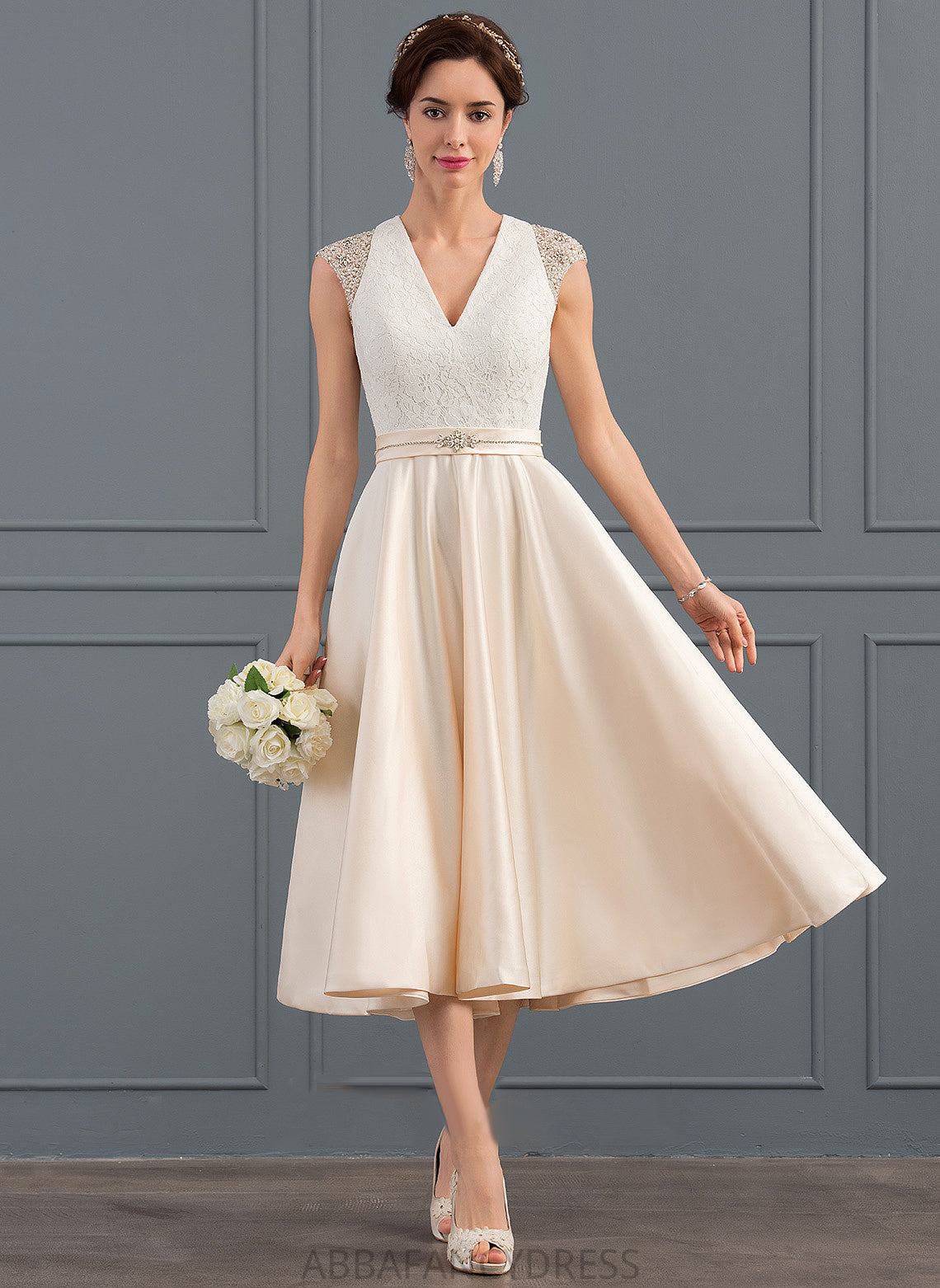 Beading With Satin Sequins Wedding V-neck Kaley A-Line Tea-Length Dress Wedding Dresses