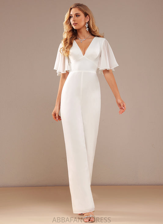 Alondra Ruffle Wedding Dresses Jumpsuit/Pantsuit Wedding Floor-Length Dress Chiffon With V-neck