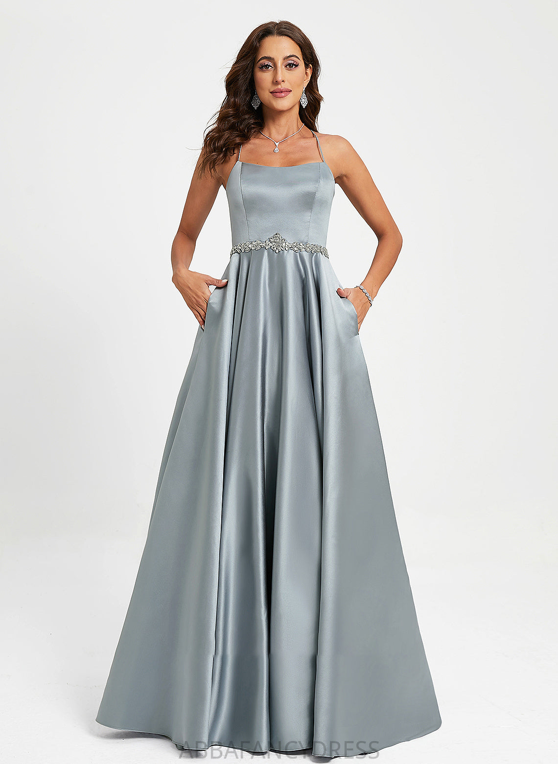 With A-Line Satin Scoop Beading Neck Floor-Length Prom Dresses Carlie