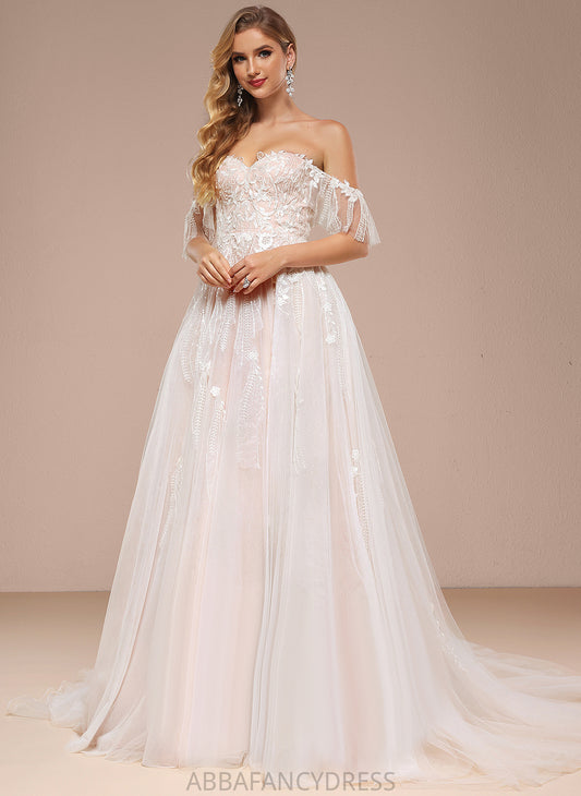 Tulle Sweetheart Ball-Gown/Princess Train Ruffle Lace Esperanza Sequins Wedding Dresses Dress Off-the-Shoulder Court With Wedding