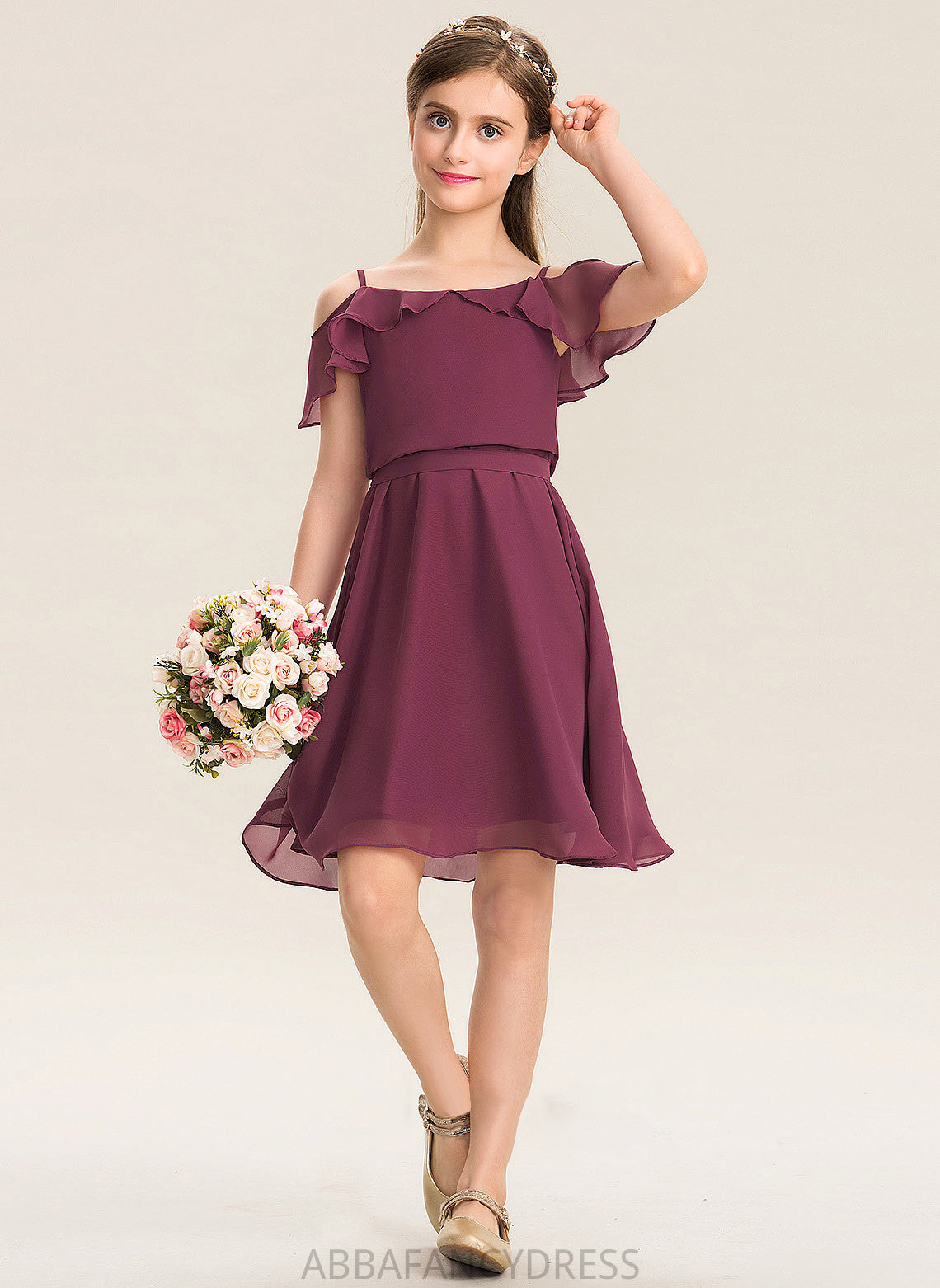 Bow(s) Knee-Length Off-the-Shoulder A-Line Cascading Junior Bridesmaid Dresses With Ruffles Chiffon Roselyn