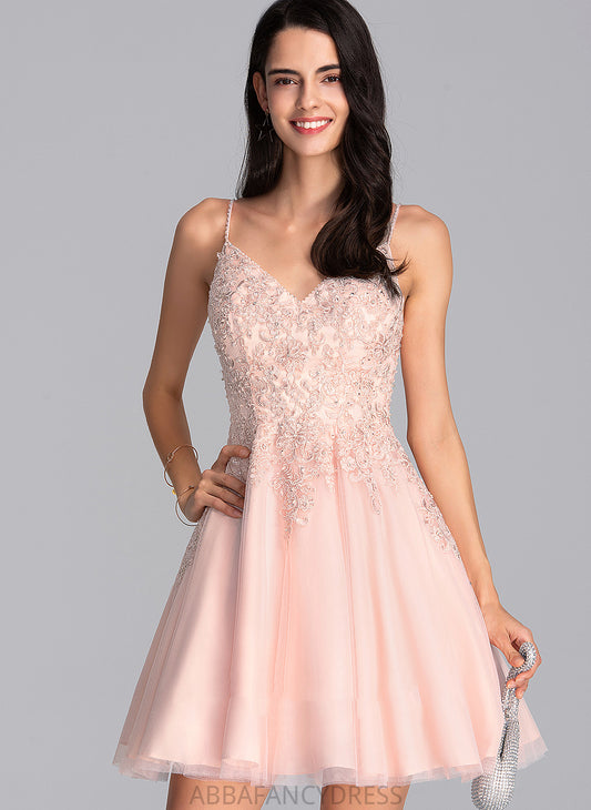 With Homecoming Dresses Tulle Nathalie Homecoming Lace Beading V-neck Dress A-Line Short/Mini