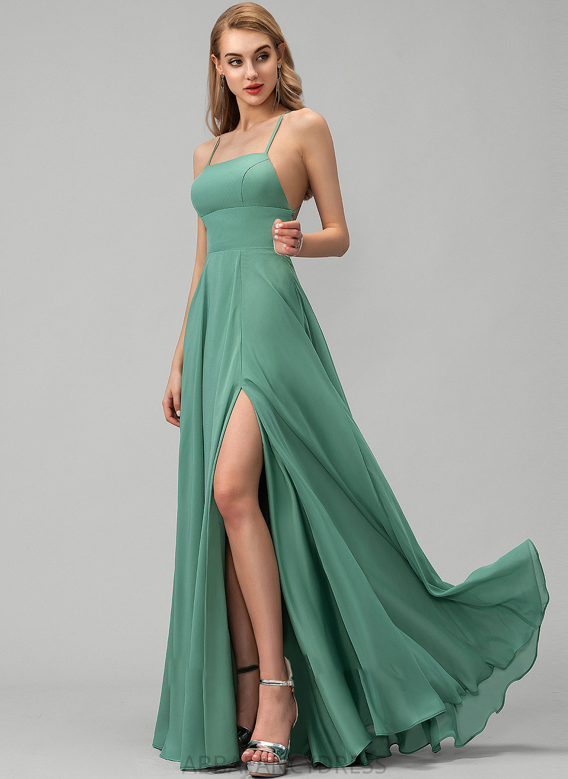 Front Sophie Pockets Square Prom Dresses With Split Chiffon Floor-Length A-Line Neckline