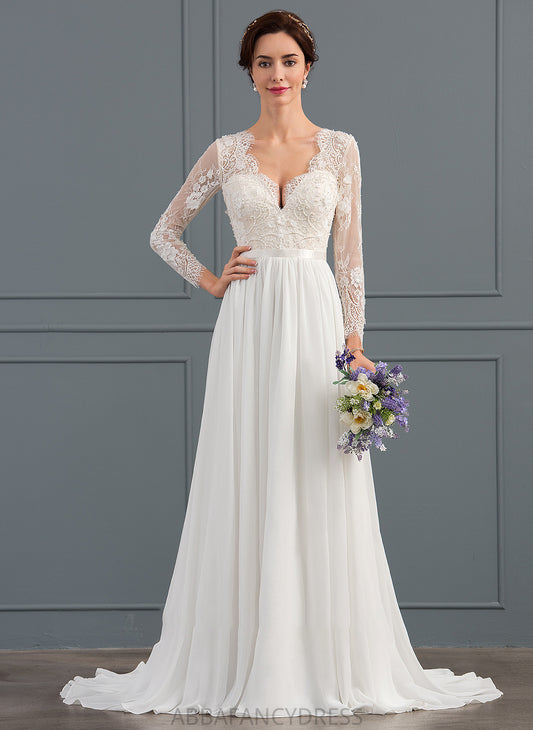 Beading A-Line With Wedding Dresses Chiffon Train Wedding Sweep Dress Sequins V-neck Shyann