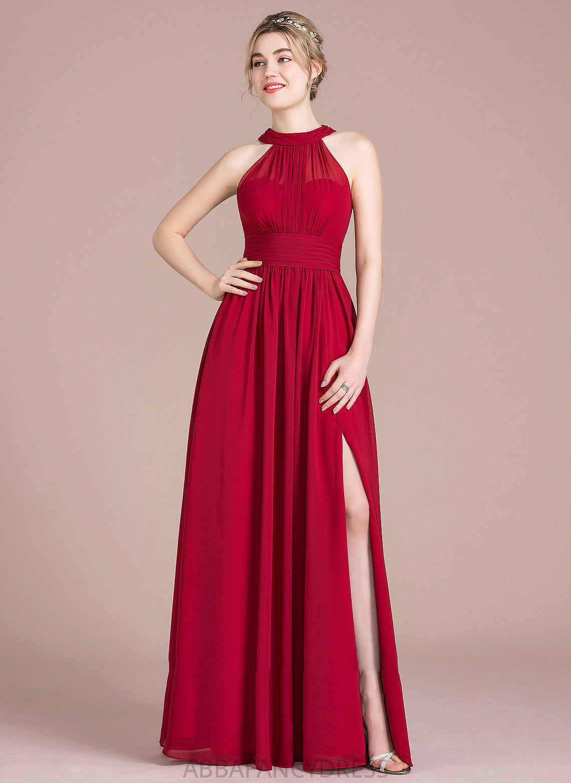 Fabric Floor-Length Embellishment A-Line Neckline Length SplitFront Ruffle Silhouette ScoopNeck Bow(s) Kristin