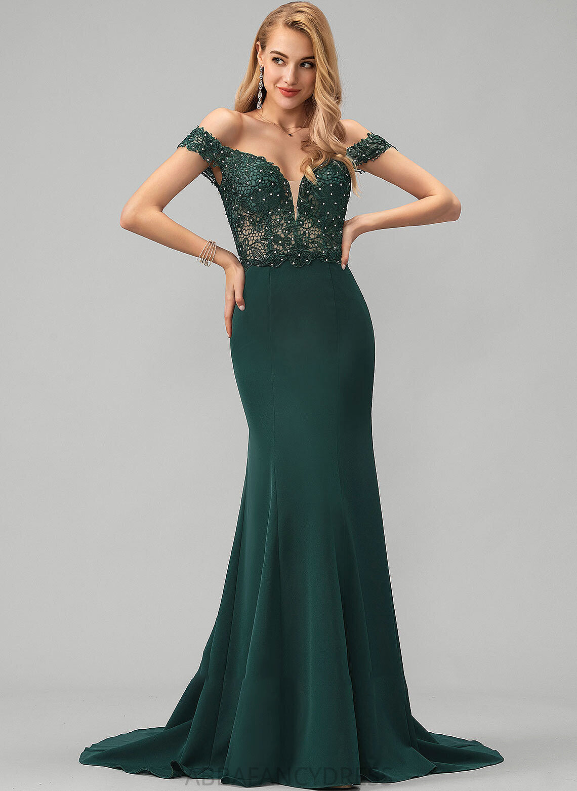 Prom Dresses With Crepe Lace Sequins Off-the-Shoulder Stretch Kamari Train Trumpet/Mermaid Sweep Beading