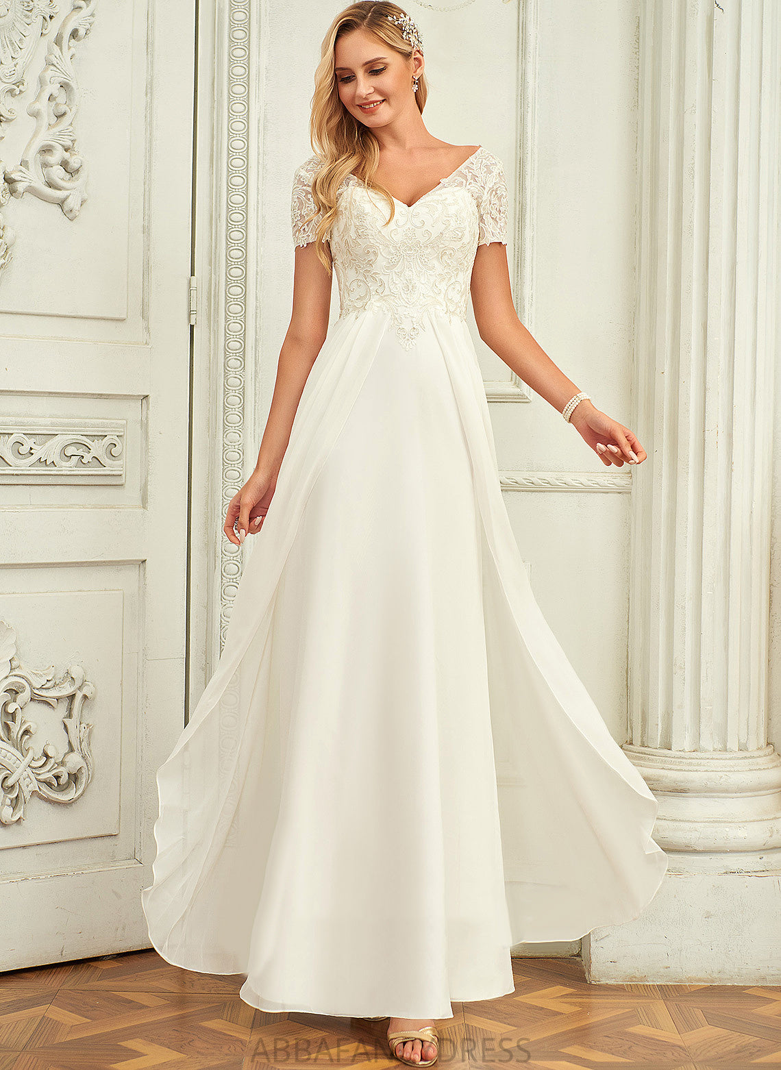 Dress Wedding Wedding Dresses Caroline Lace With A-Line Chiffon Floor-Length V-neck