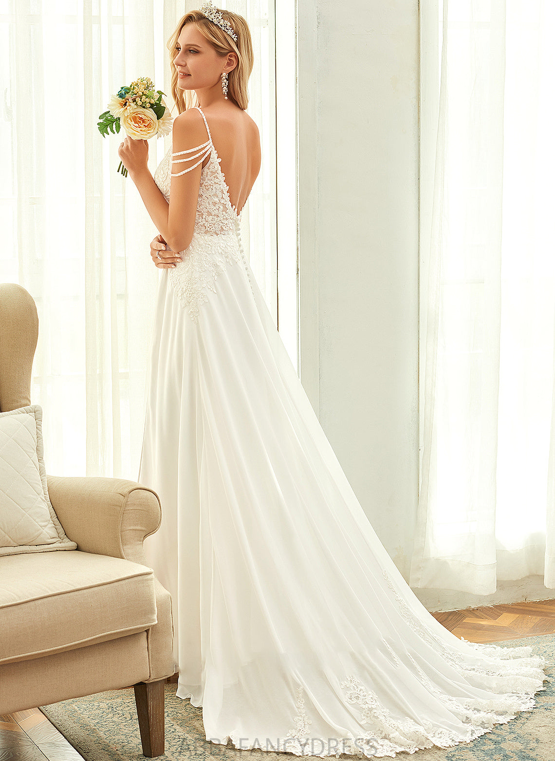 Wedding Dresses Dress Daisy Beading Lace Sequins A-Line Chiffon V-neck With Sweep Train Wedding