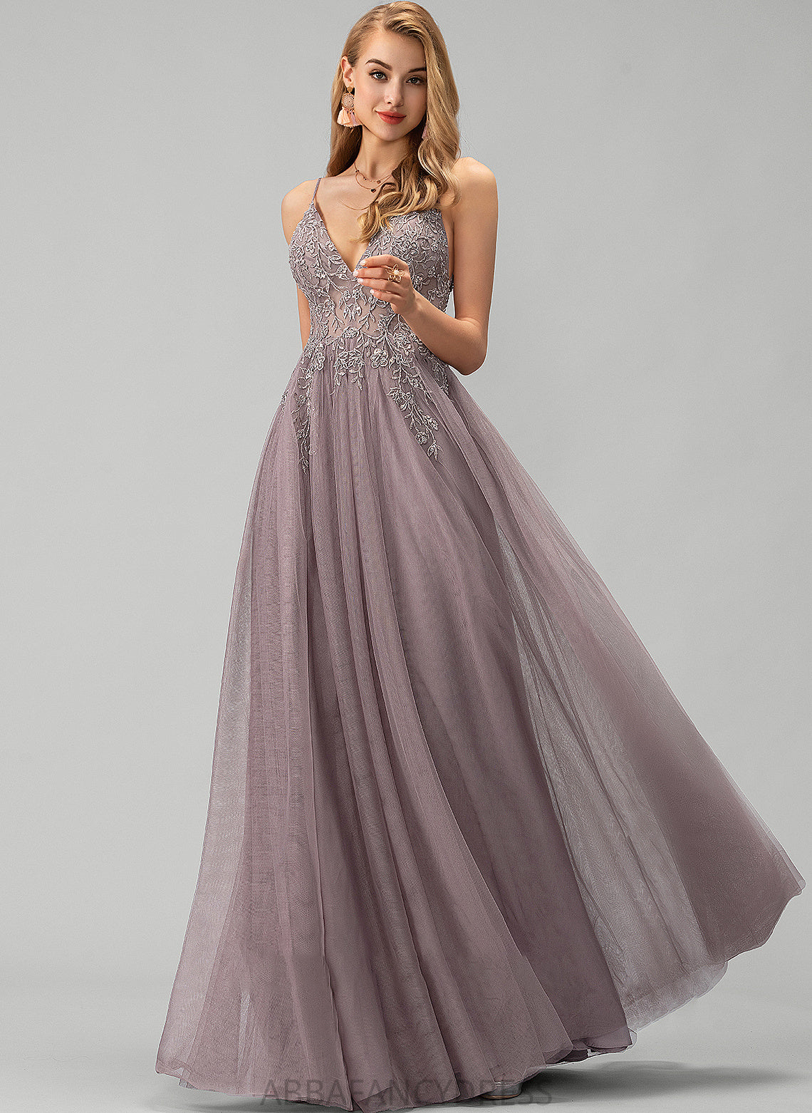 V-neck Lace Ball-Gown/Princess Floor-Length Sequins Janet Beading Prom Dresses Front With Split Tulle