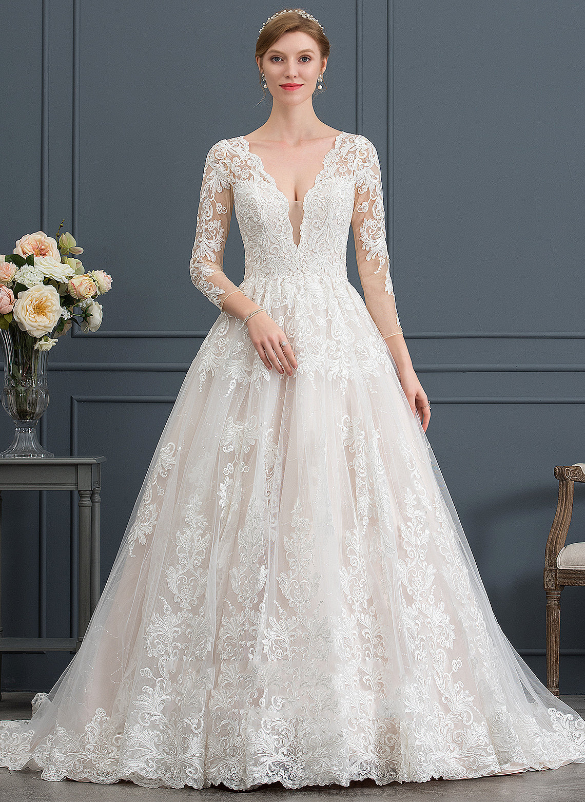 Ball-Gown/Princess Lace Kayden Wedding V-neck Dress Tulle Wedding Dresses