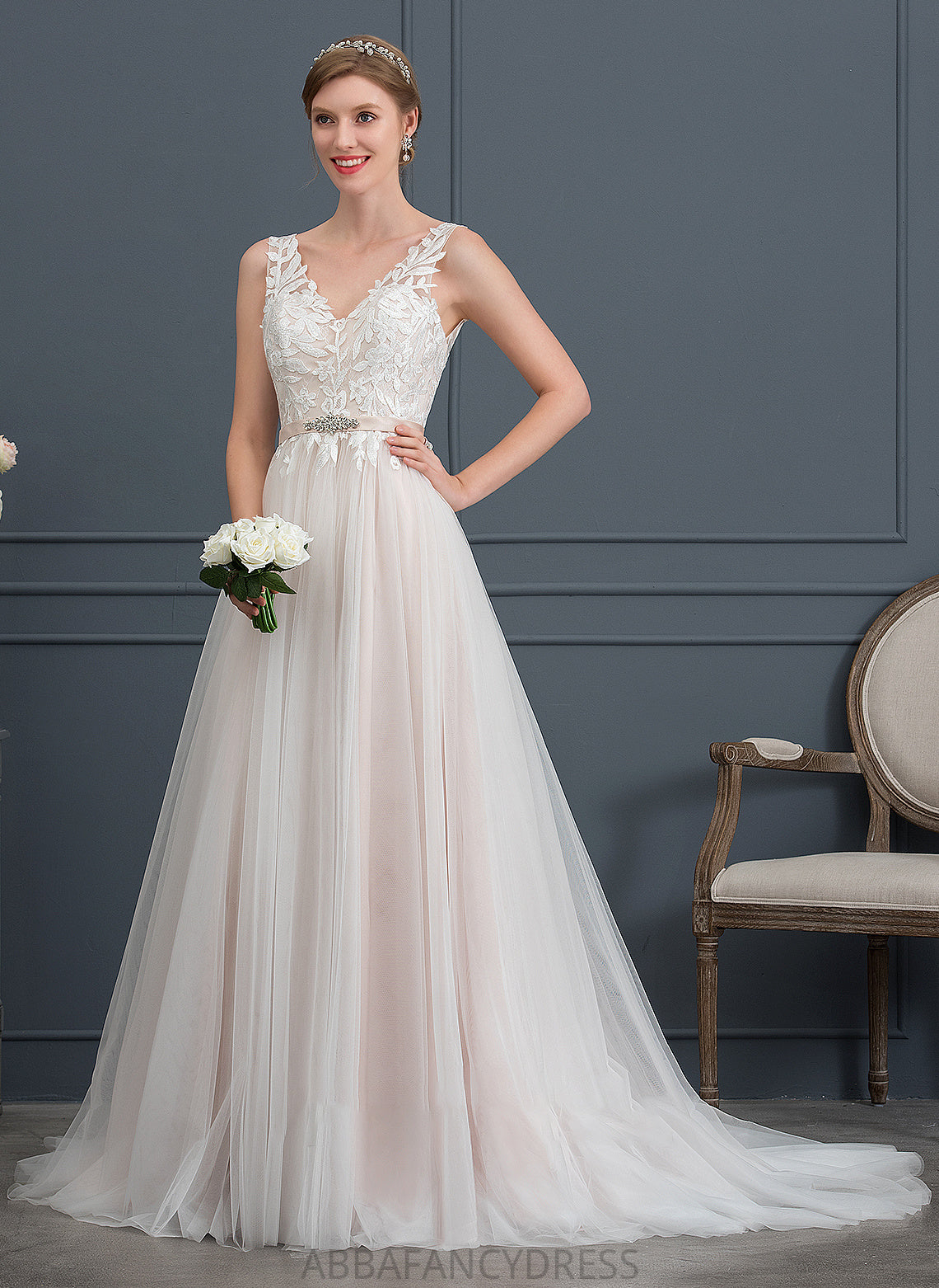 Emily Wedding With Beading V-neck Court Wedding Dresses Tulle Train A-Line Dress