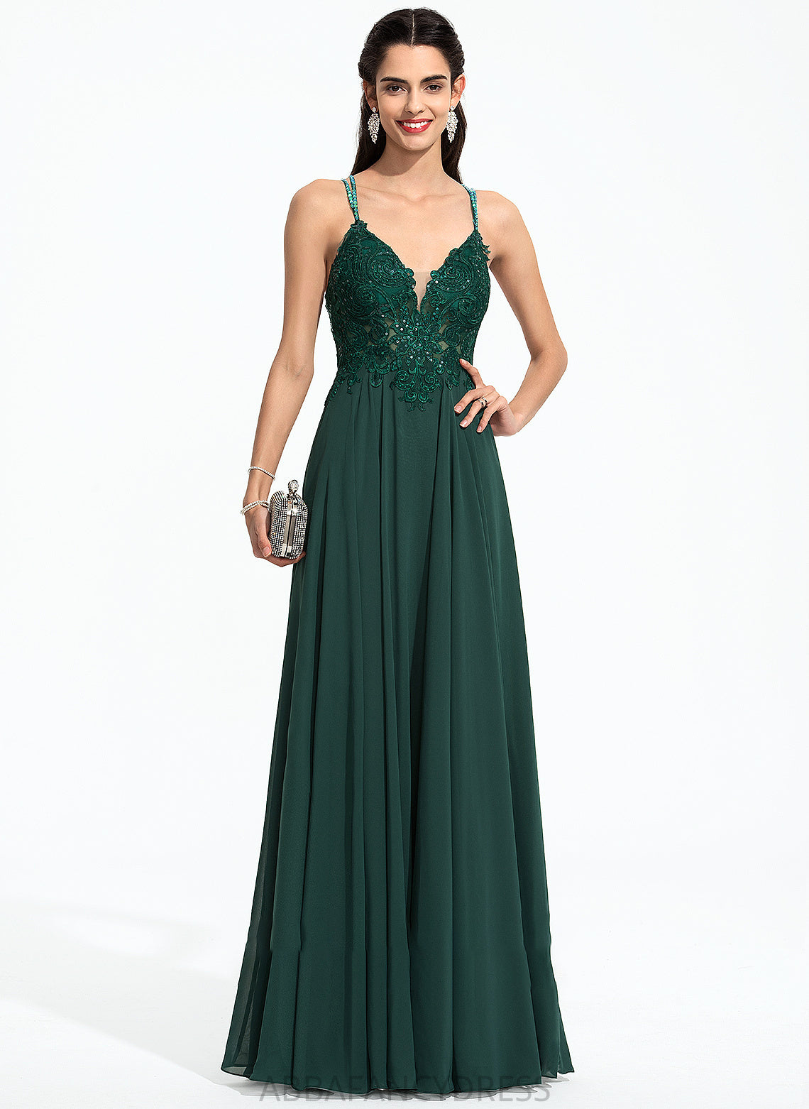 Beading A-Line Sequins Hope With Chiffon Floor-Length V-neck Prom Dresses