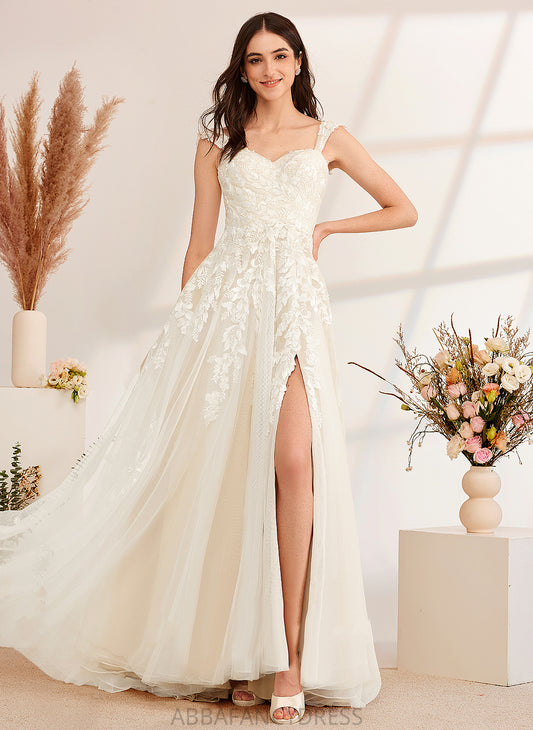 A-Line Clara Wedding Dress With Beading Wedding Dresses Sweep Off-the-Shoulder Sequins Tulle Train Lace