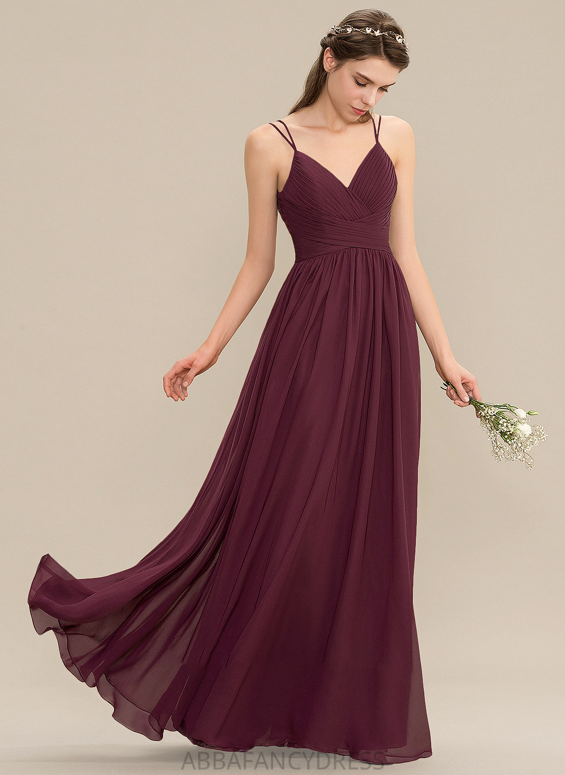 Ruffle A-Line Floor-Length Halle Chiffon Prom Dresses With V-neck Lace