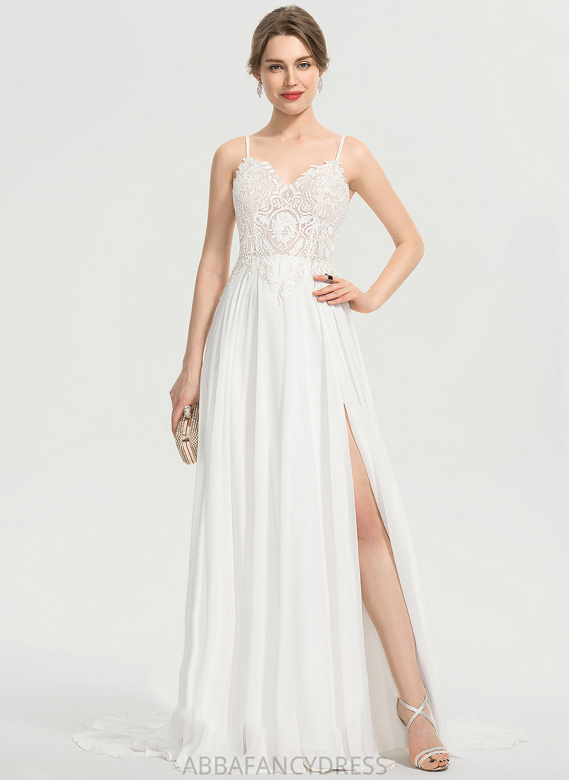 Train V-neck Wedding With Chiffon Front Split Felicity Wedding Dresses Sweep Dress Lace A-Line