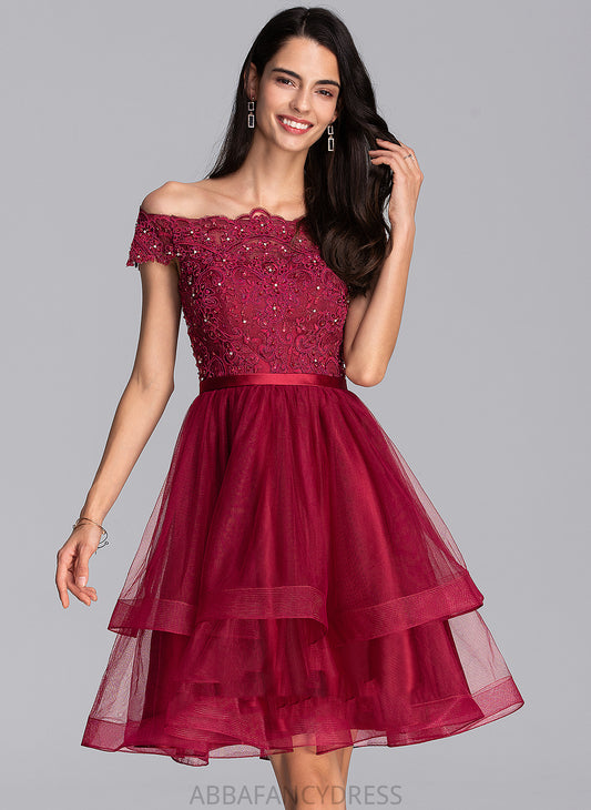 Tulle A-Line Lace Off-the-Shoulder Knee-Length Meghan With Homecoming Dress Beading Homecoming Dresses Sequins