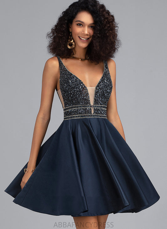 Satin A-Line Homecoming Homecoming Dresses With V-neck Sequins Susan Short/Mini Beading Dress