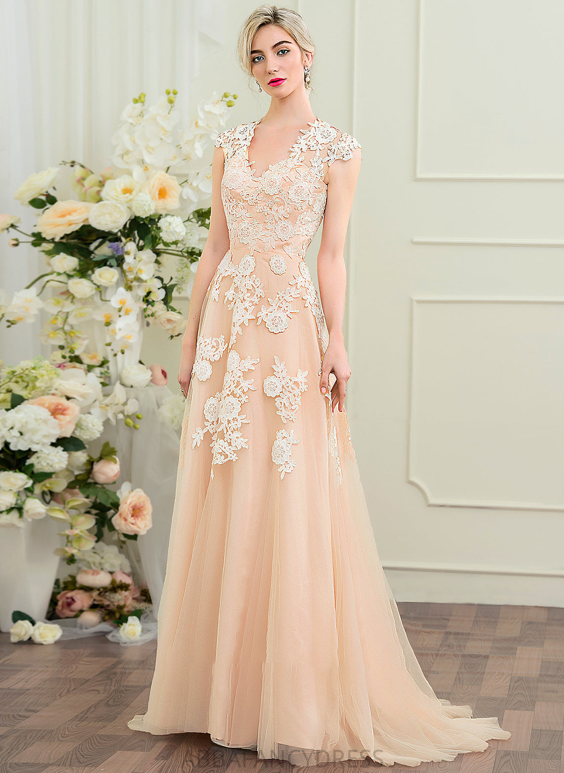 Victoria Wedding Wedding Dresses Sweep Train A-Line Tulle Dress V-neck