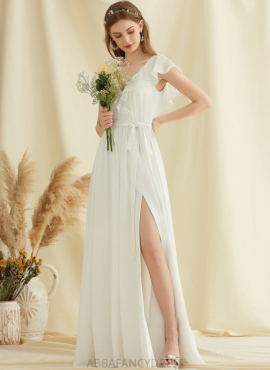 With Front Ruffles Wedding Dress Split V-neck A-Line Cascading Lizeth Floor-Length Chiffon Wedding Dresses